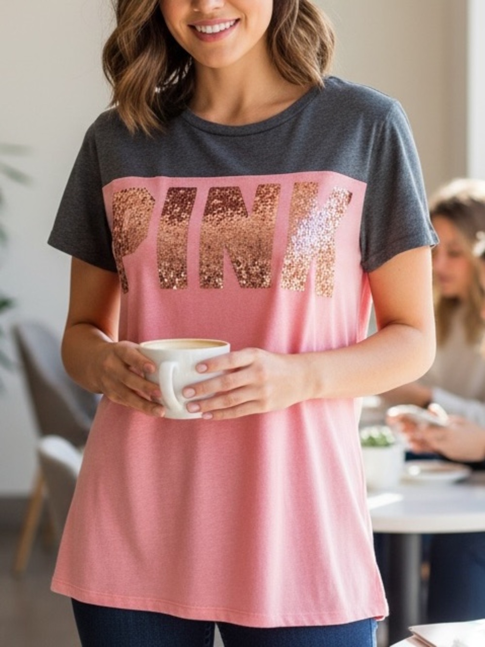 Victoria's Secret PINK Sequin Logo Short Sleeve Tee Gray/Pink/Gold L